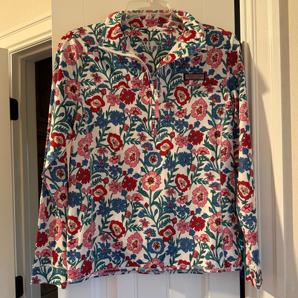 Vineyard Vines Shep Shirt 1/4 Zip White Floral Pullover Top - Womens XS EUC